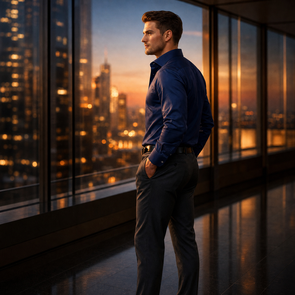 Ambitious professional in Hamster formal shirt, city skyline backdrop